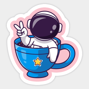 Cute Astronaut In Mug With Peace Hand Cartoon Sticker